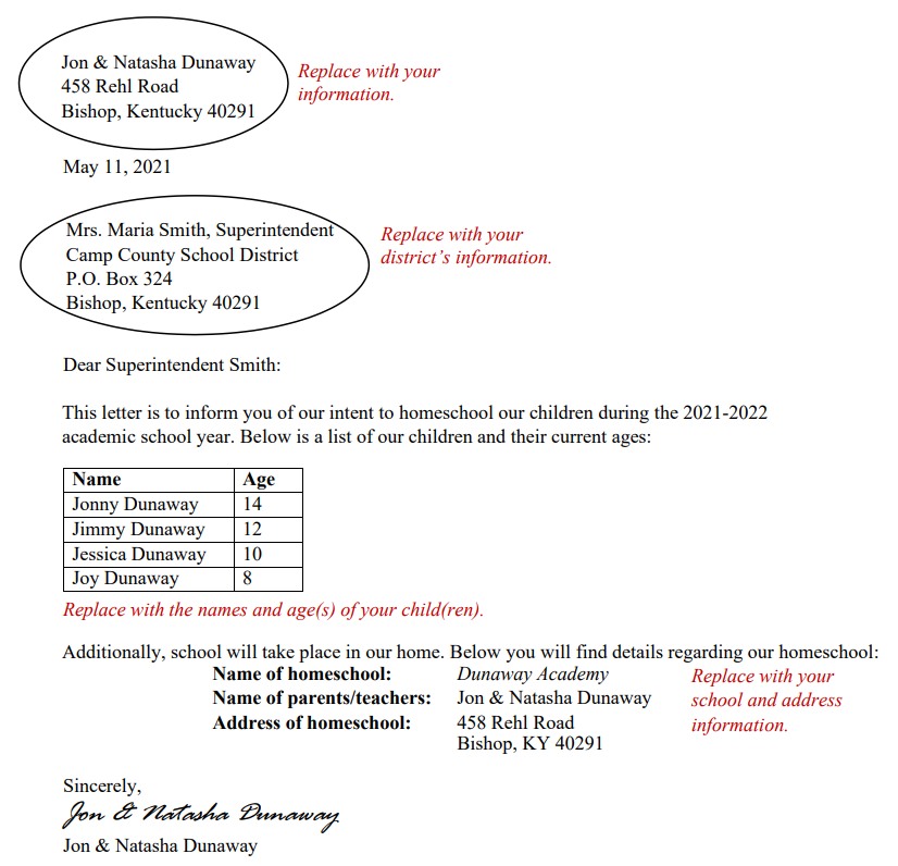 Letter Of Intent Homeschooling In Kentucky Choosing Homeschool 